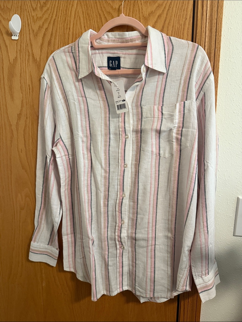 GAP White Shirt with Pink and Gray Vertical Stripes